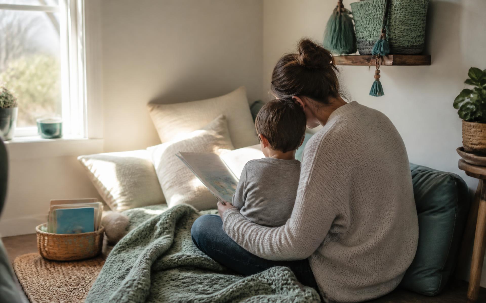 A parent and child sharing a calm moment together at home